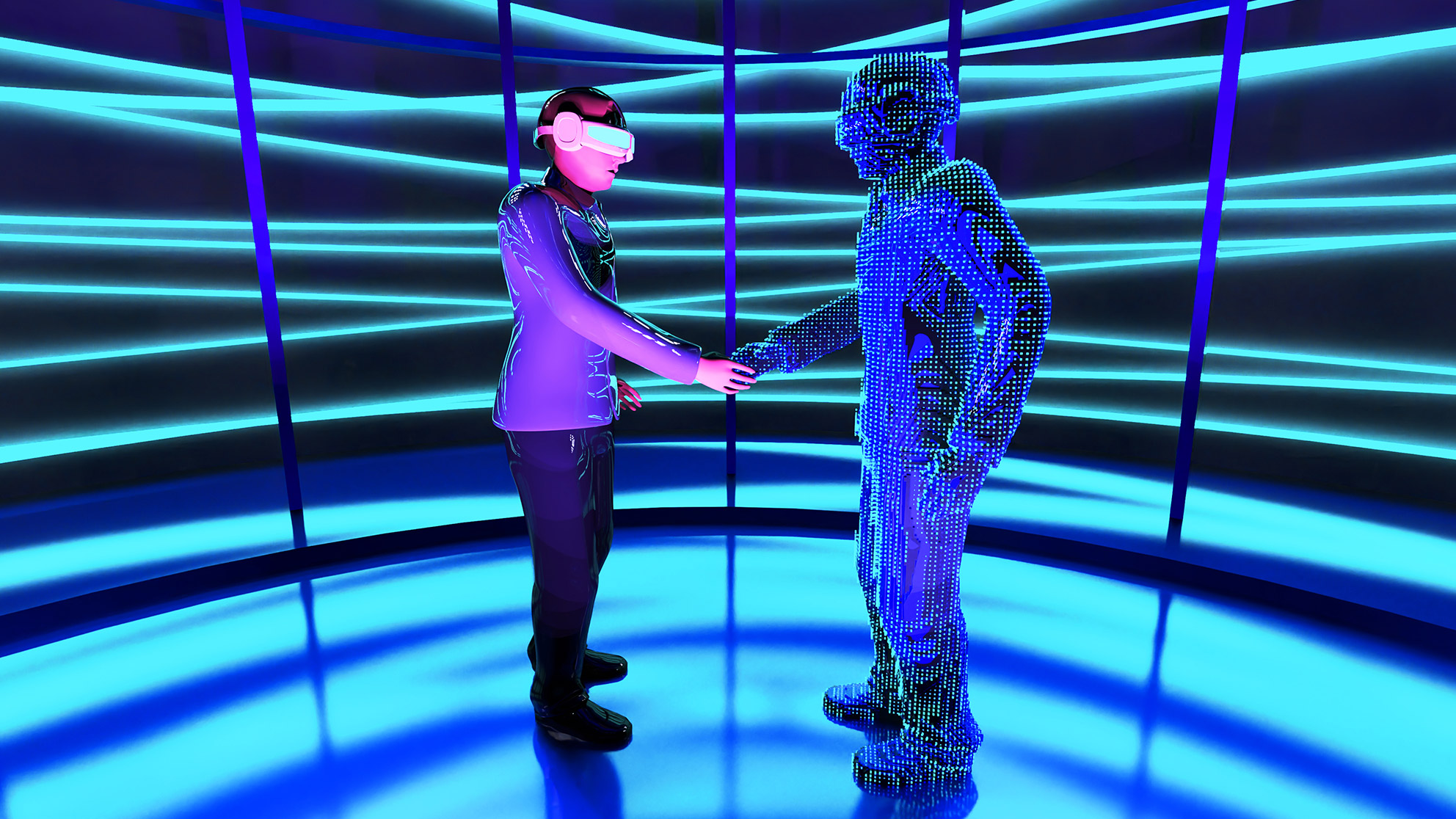 Animation of a man with VR goggles shaking hands with the hologram of another man in glowing turquoise cyberspace 