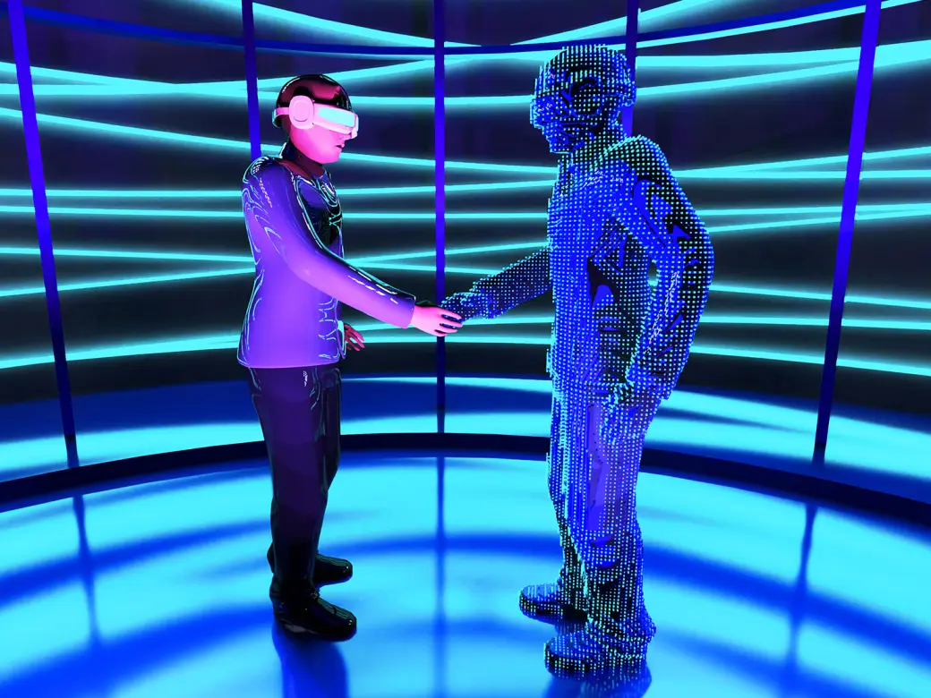 Animation of a man with VR goggles shaking hands with the hologram of another man in glowing turquoise cyberspace 