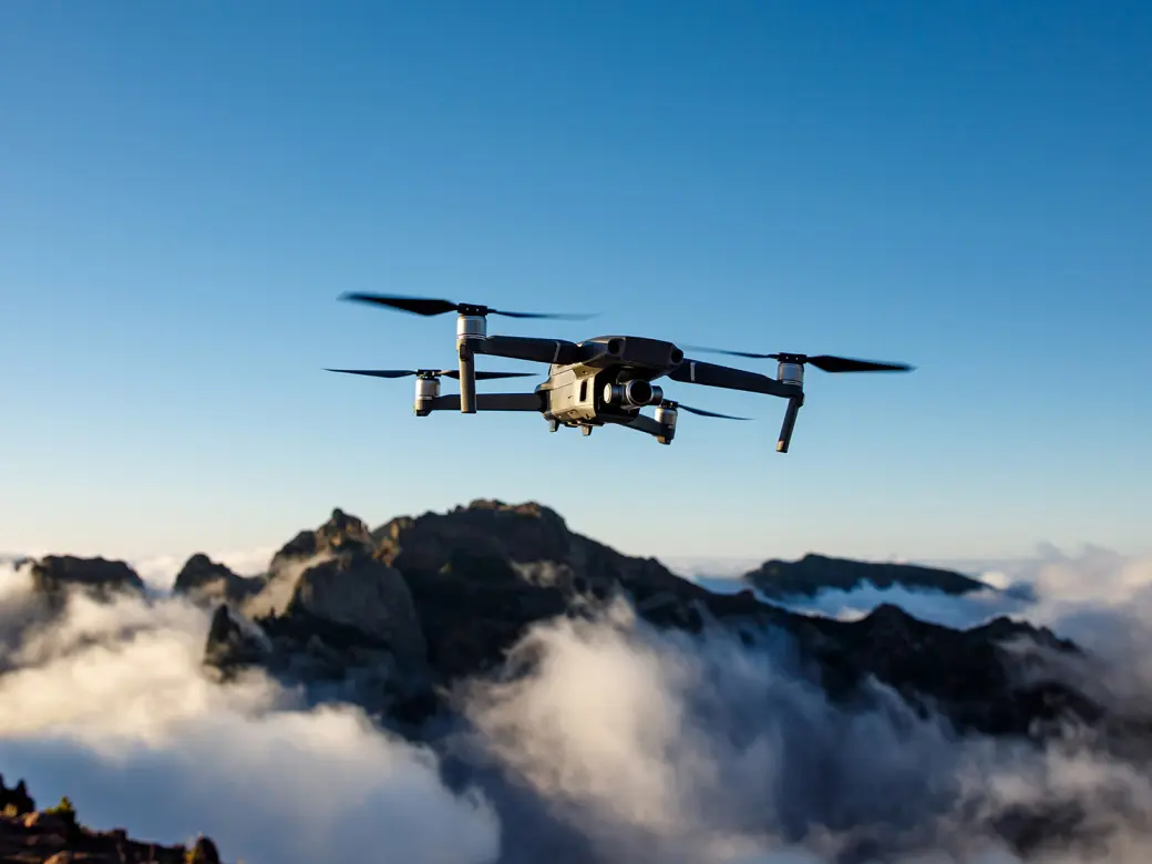 A drone flies above the cloud line in the mountains against a blue sky