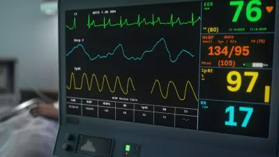 A close-up of a hospital patient monitor displaying vital signs, including heart rate (76 bpm), blood pressure (134/95 mmHg), oxygen saturation (97%), and respiratory rate (17 breaths per minute). A patient’s hand is visible in the background.